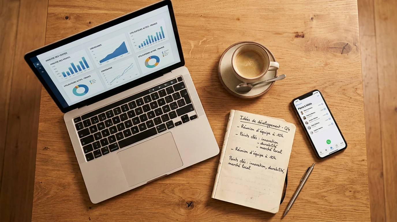 Espace de travail d'un fondateur de SaaS français avec ordinateur portable et notes