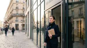 Entrepreneur confiant devant un immeuble de bureaux moderne en France