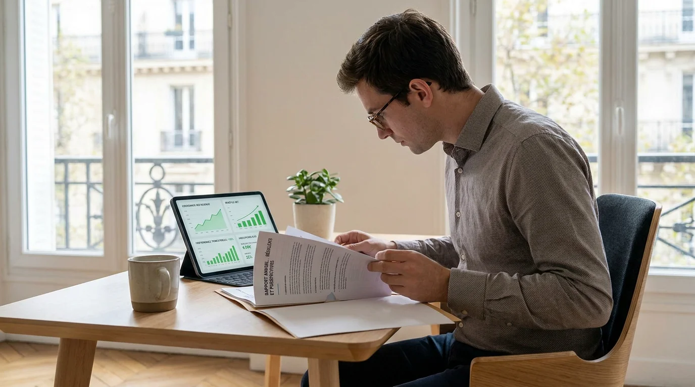 Entrepreneur analysant ses indicateurs financiers sur tablette