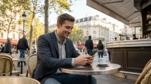 Jeune entrepreneur européen consultant son smartphone à la terrasse d'un café en France