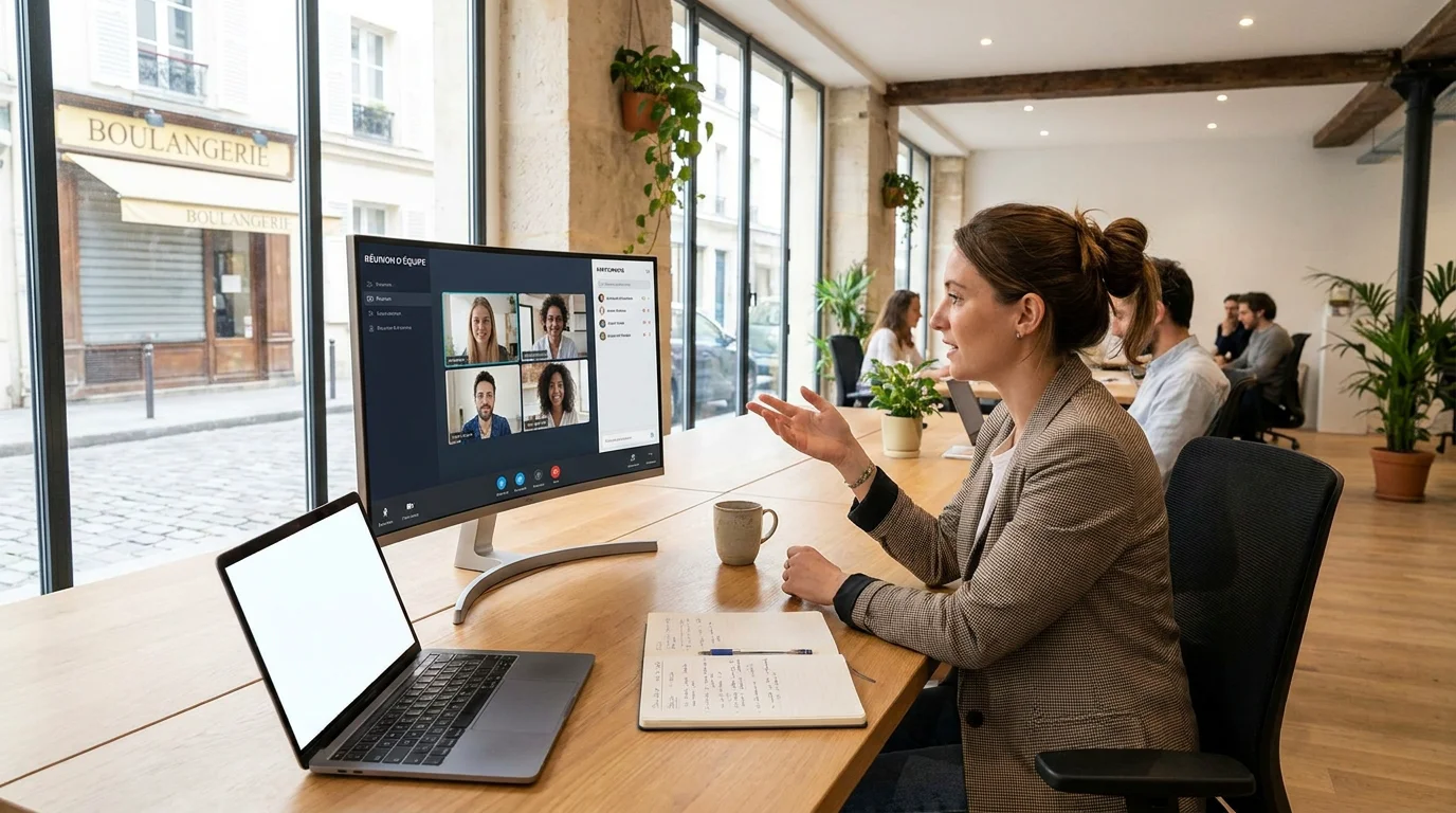 Freelance européen coordonnant une équipe à distance dans un espace de coworking en France