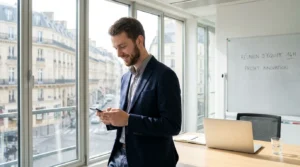 Jeune entrepreneur français consultant son téléphone dans un bureau moderne
