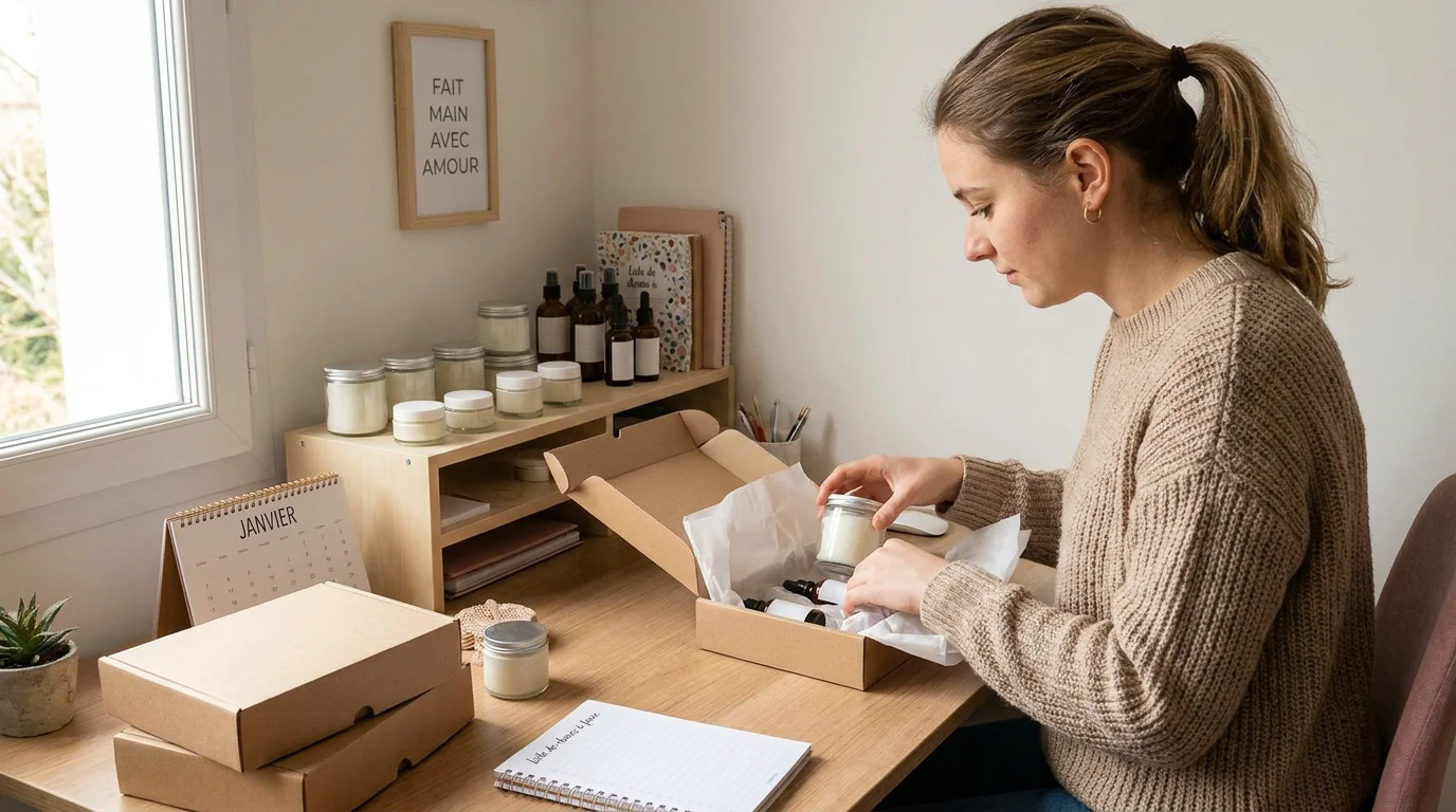 Jeune entrepreneuse française préparant des commandes e-commerce depuis son bureau