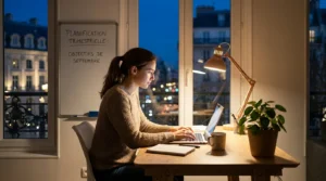 Jeune femme européenne travaillant sur son side hustle depuis un bureau à domicile le soir