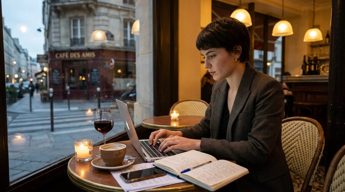 Professionnel européen travaillant sur un side hustle depuis un café parisien le soir