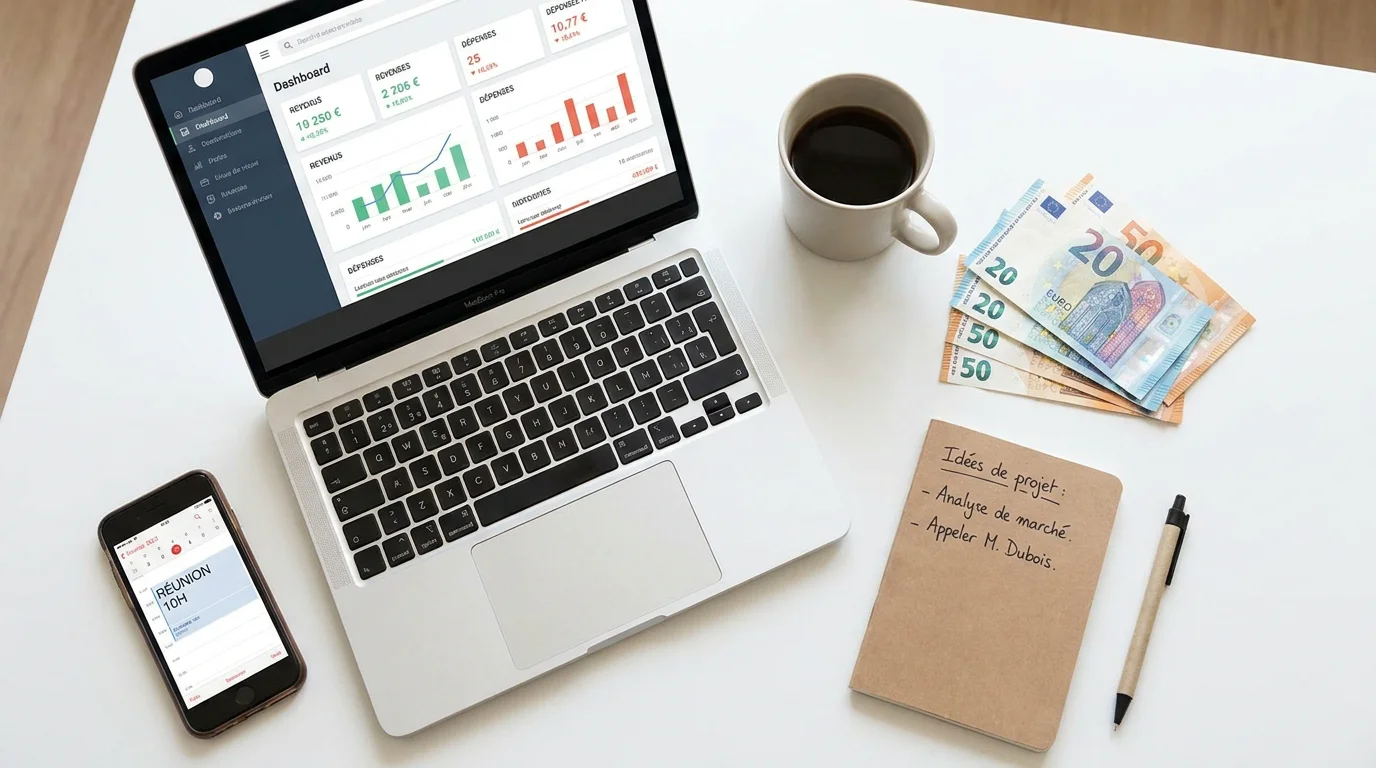 Vue à plat d'un bureau avec ordinateur portable, smartphone et billets en euros illustrant un side hustle rentable