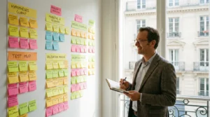 Fondateur européen planifiant la validation de son idée business dans un espace de coworking