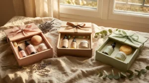 Trois coffrets de skincare coréen élégants disposés côte à côte avec sérums, crèmes et accessoires beauté