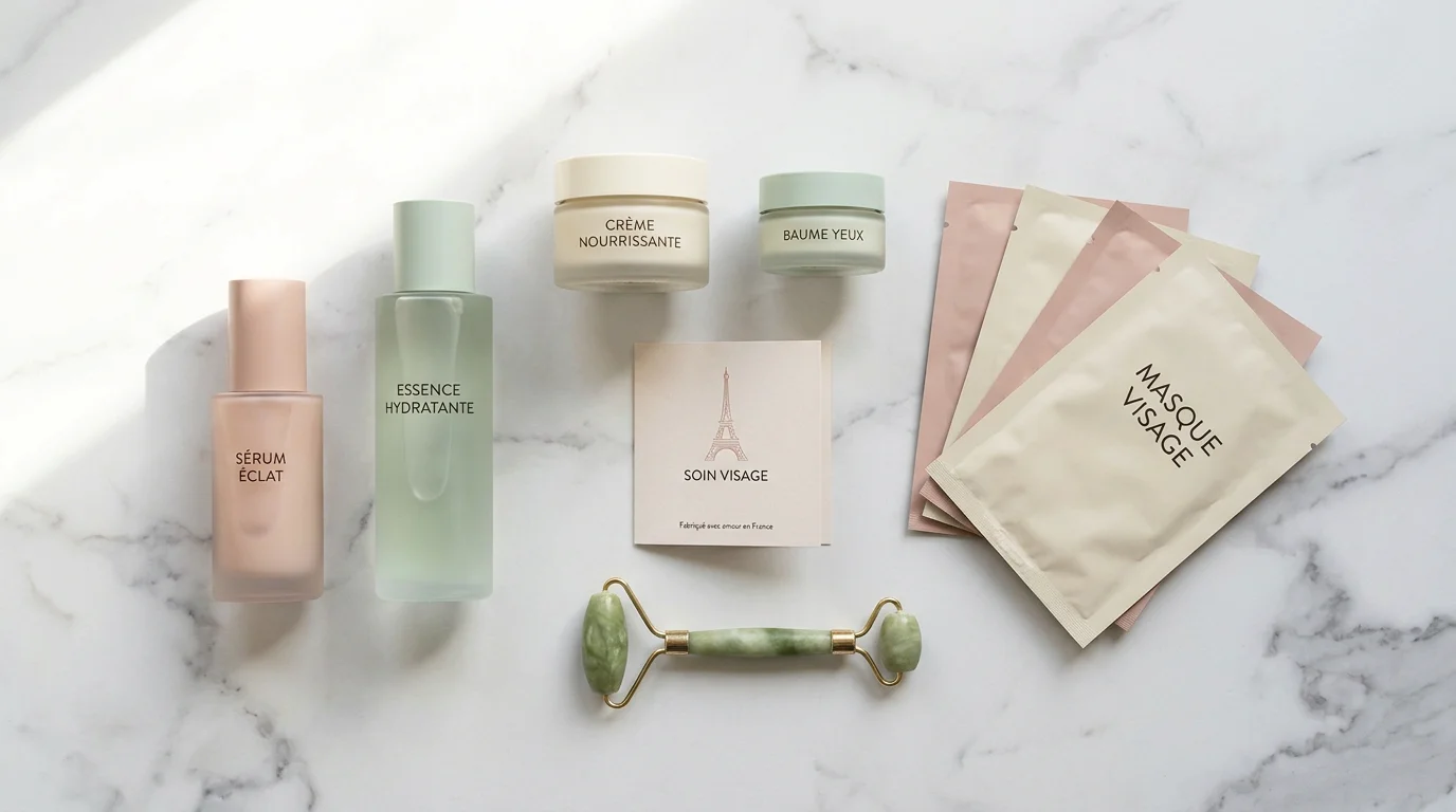 Coffret de skincare coréen disposé à plat sur une surface en marbre avec sérums, crèmes et accessoires