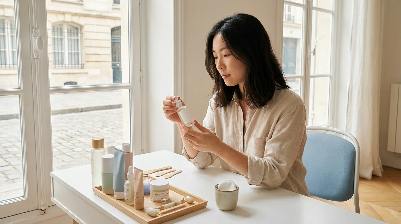 Jeune femme asiatique organisant des produits de skincare coréen sur un bureau dans un appartement lumineux