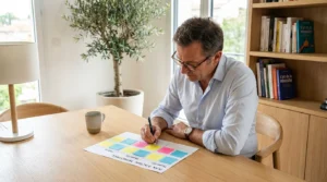 Entrepreneur européen remplissant un Lean Canvas sur une feuille A4 dans son bureau