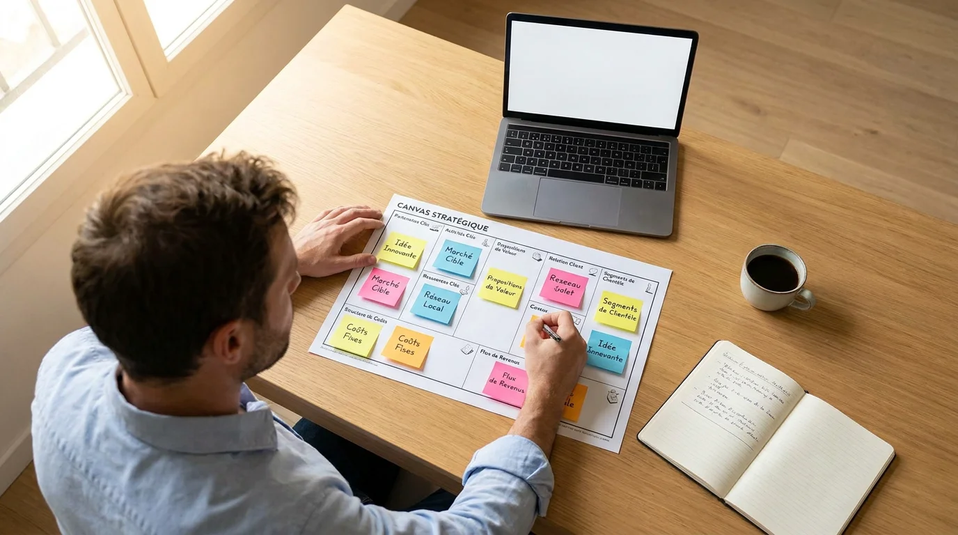 Fondateur solo remplissant un Lean Canvas sur une feuille A4 avec des post-it colorés
