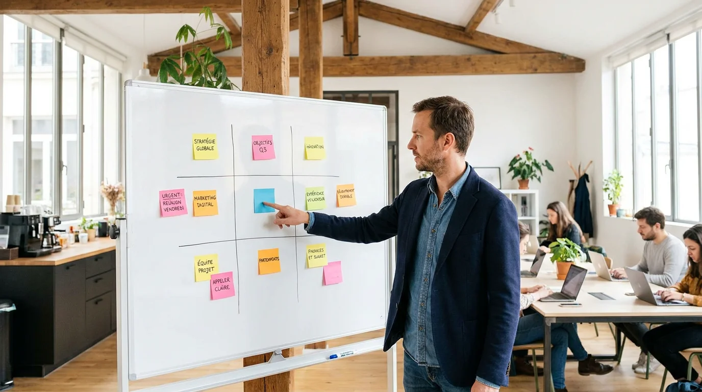 Entrepreneur présentant un Lean Canvas rempli sur un tableau blanc dans un espace de coworking