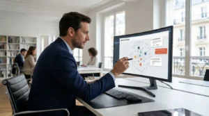 Professionnel européen analysant des données de réseau LinkedIn sur un écran dans un bureau moderne