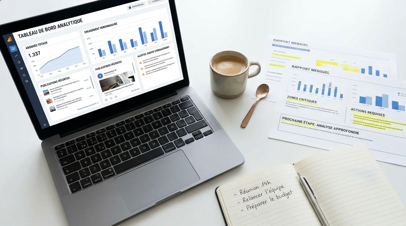 Bureau professionnel avec écran d'analyse de données LinkedIn et alertes de détection