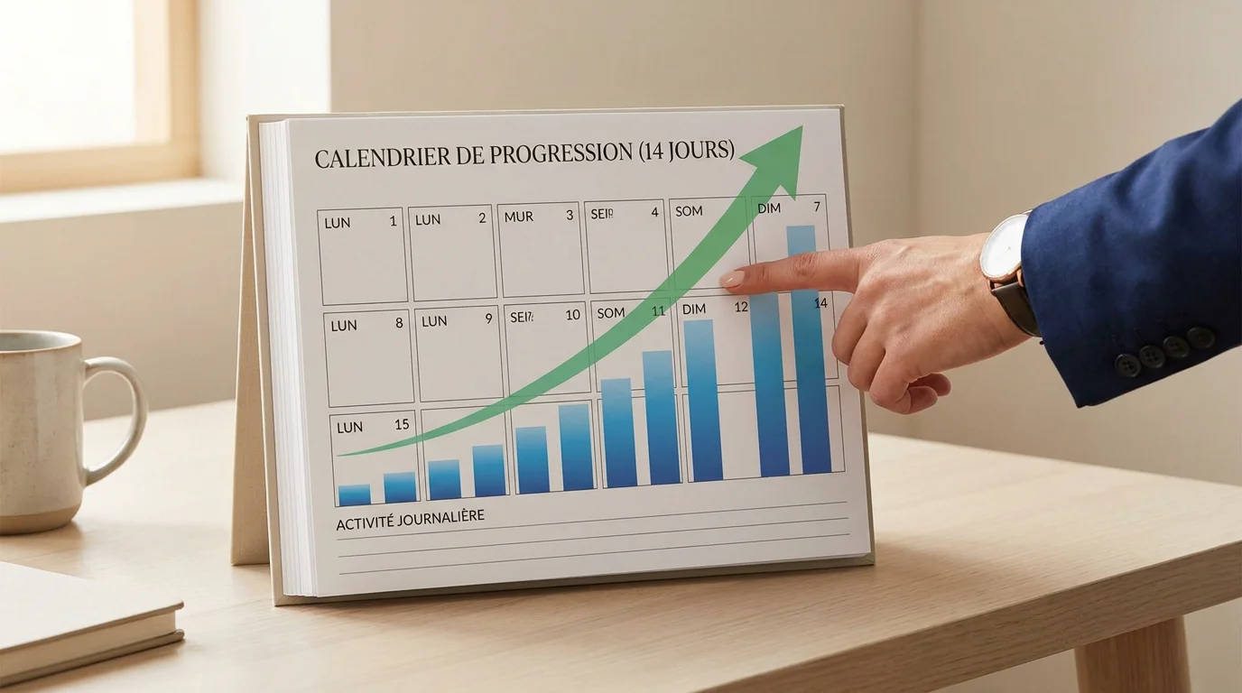 Calendrier de warm-up LinkedIn sur 14 jours avec courbe de montée progressive