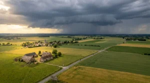 Paysage français avec formation de cumulonimbus menaçants à l'horizon et lumière dorée perçant les nuages