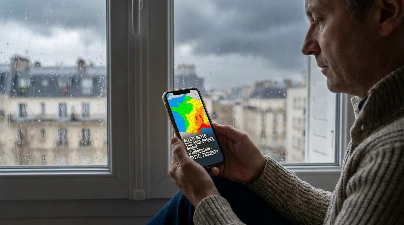 Personne consultant une carte de vigilance orage sur smartphone avec ciel menaçant en arrière-plan