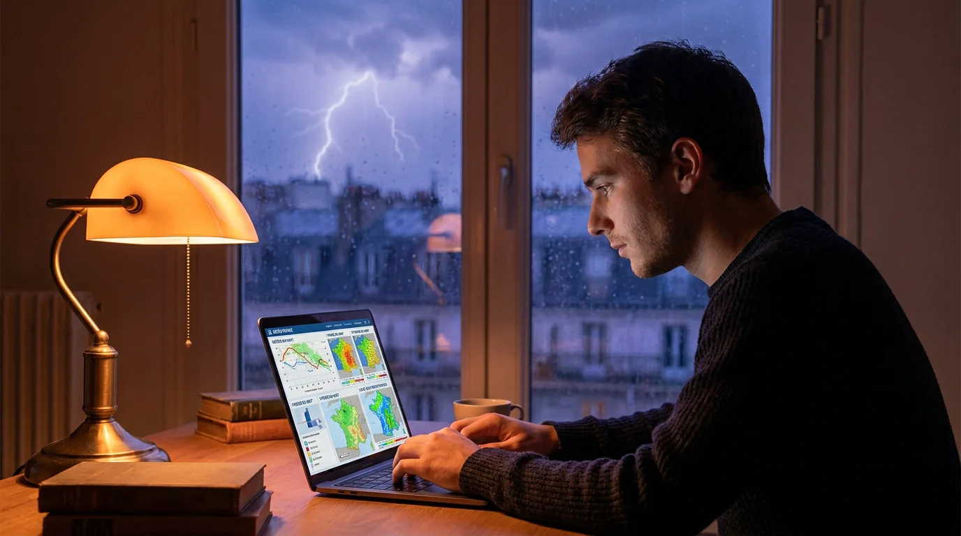 Développeur passionné travaillant sur un outil de prévision d'orages avec un orage visible par la fenêtre