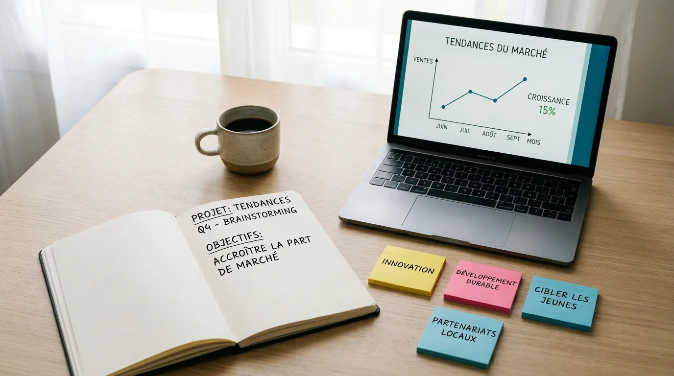 Bureau de travail avec carnet et ordinateur pour brainstorming d'idées de business