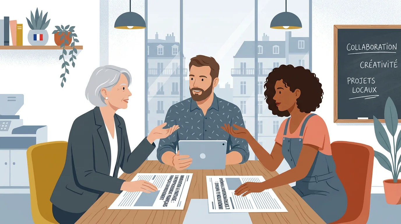 Illustration d'entrepreneurs français dans un espace de coworking collaboratif