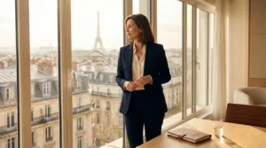Entrepreneur leader confiant devant un panorama urbain français à l'heure dorée
