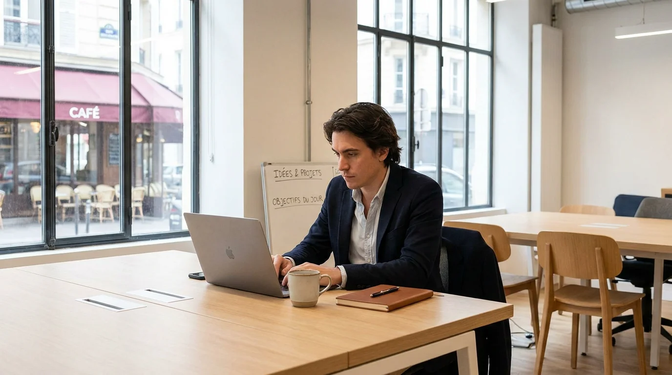 Entrepreneur leader concentré à son bureau dans un espace de coworking lumineux en France