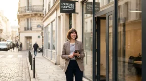 Femme entrepreneure devant un espace de coworking en France