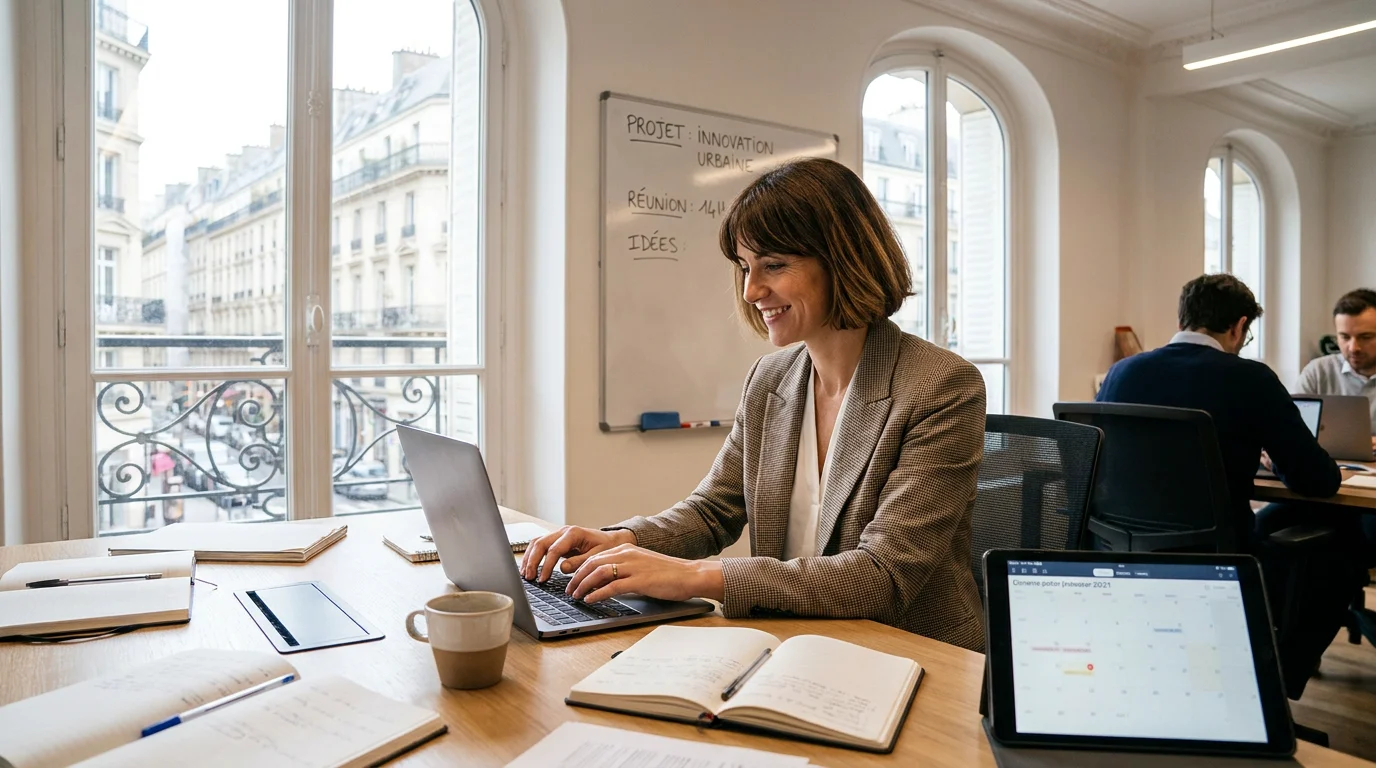 Femme entrepreneure travaillant dans un espace de coworking en France