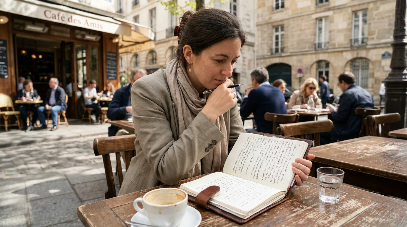 Personne réfléchissant avec un carnet de questions d'introspection dans un café