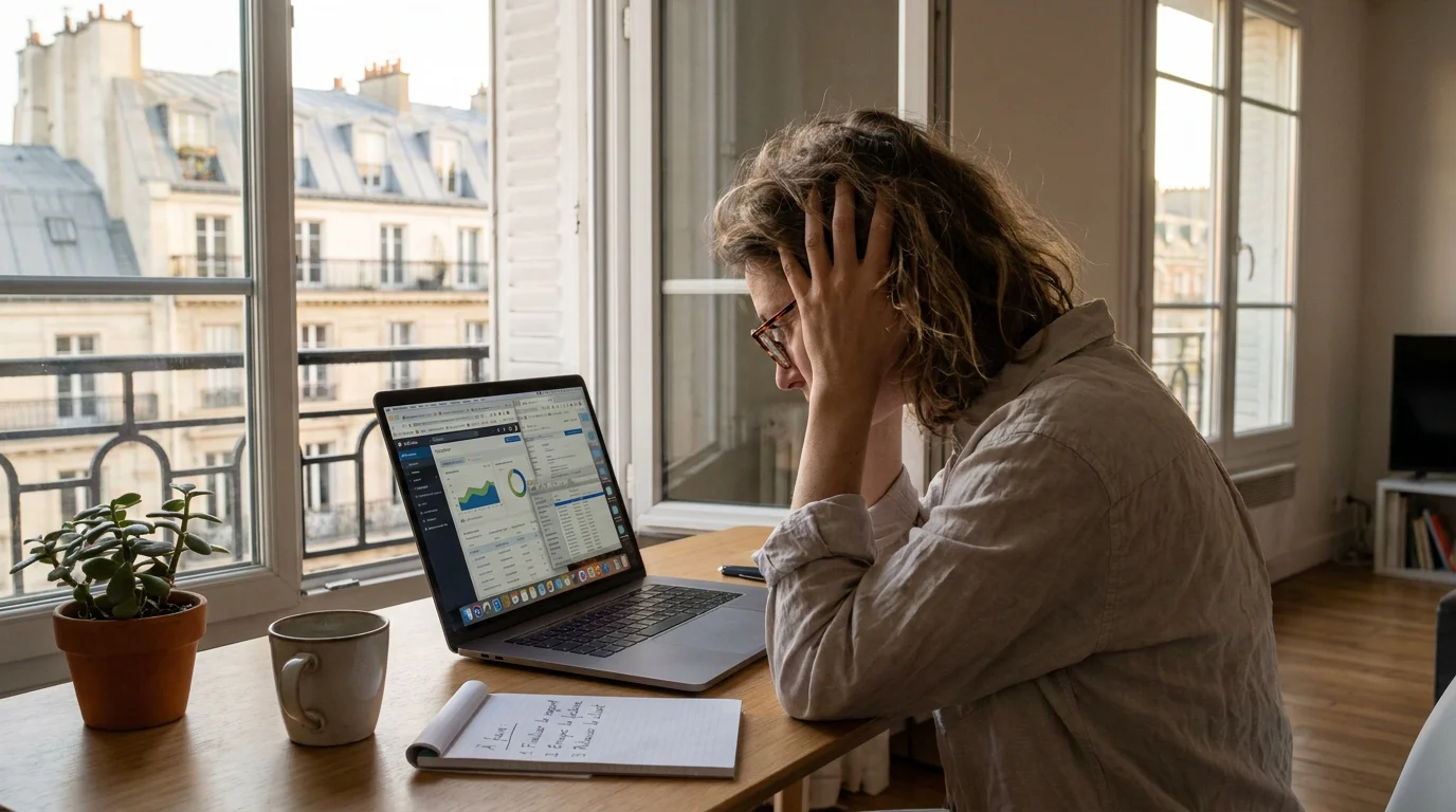 Freelance européen débordé devant de multiples outils ouverts sur son écran