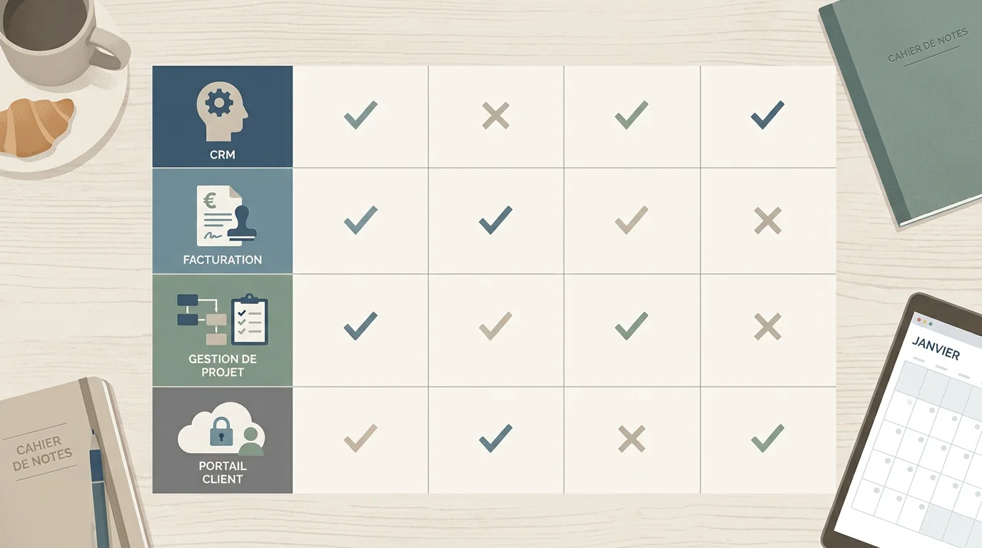 Illustration d'un tableau comparatif de modules pour outils freelance