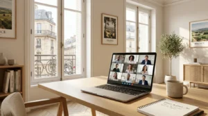 Bureau à domicile lumineux avec un écran montrant une session de coworking virtuel en visioconférence
