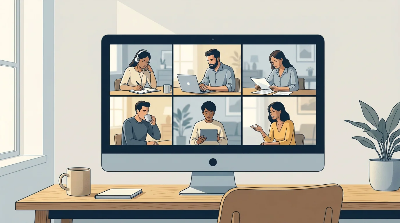 Illustration d'une session de coworking virtuel avec plusieurs professionnels connectés en visioconférence