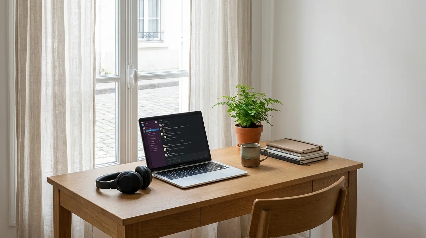 Bureau à domicile avec un ordinateur connecté à une session de coworking virtuel sur Discord