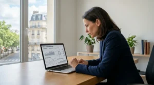 Entrepreneur européen analysant un tableau de bord de prospection LinkedIn automatisée dans un bureau moderne