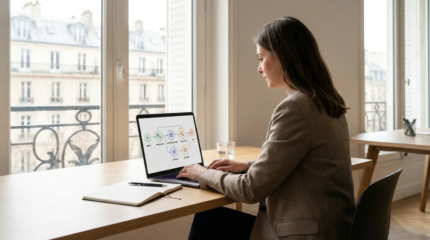 Professionnel européen configurant un workflow d'automatisation de prospection LinkedIn sur son ordinateur portable
