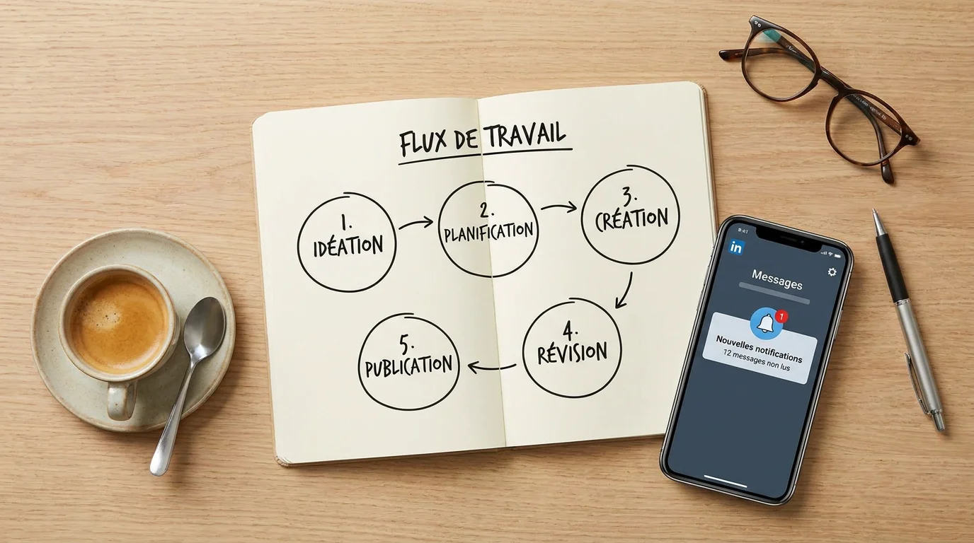 Séquence en 5 étapes pour une prospection LinkedIn automatisée efficace vue de dessus sur un bureau