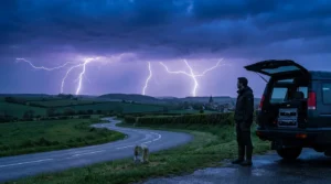 Chasseur d'orage européen observant des éclairs au-dessus de la campagne française au crépuscule