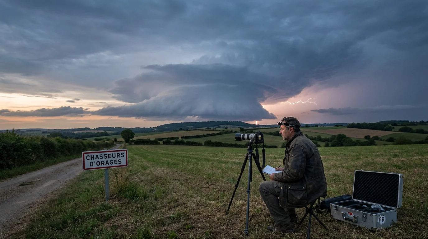 Chasseur d'orage en France observant un cumulonimbus depuis la campagne au crépuscule