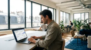 Fondateur SaaS analysant ses métriques d'essai gratuit dans un espace de coworking