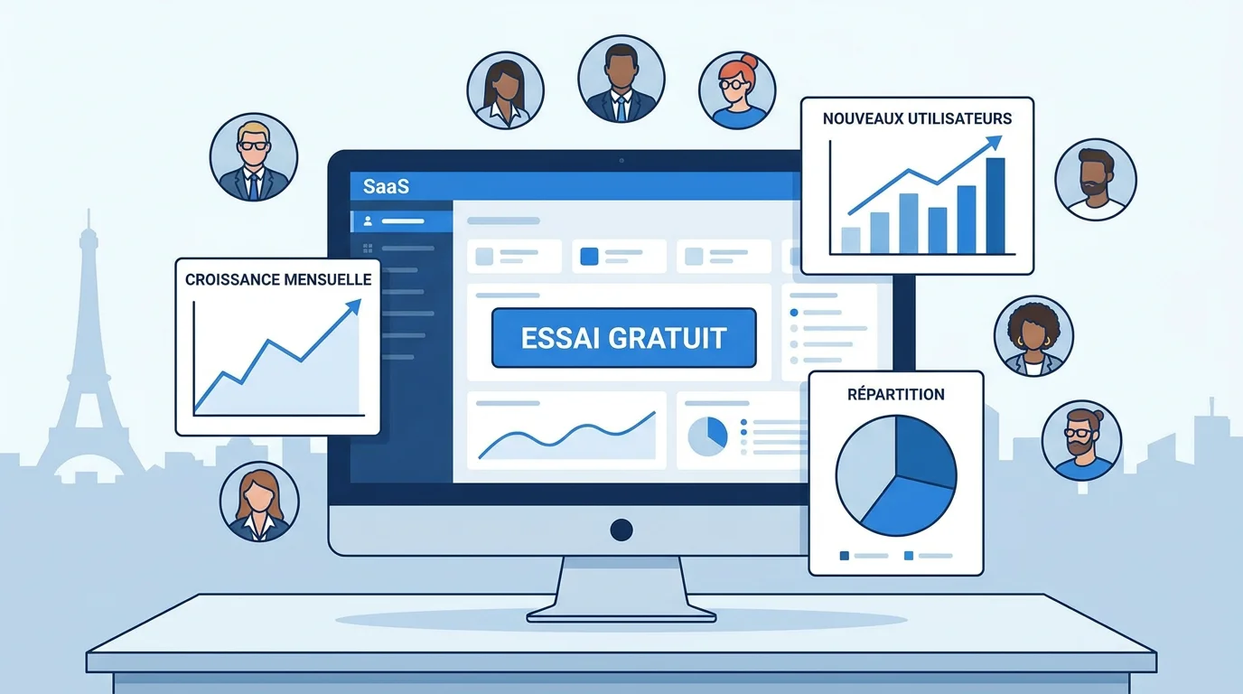 Interface SaaS avec bouton d'essai gratuit et graphiques de croissance
