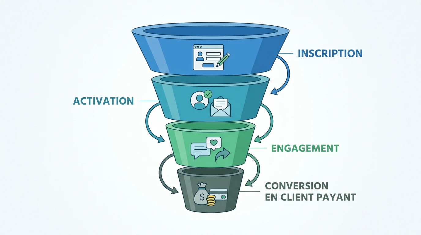 Entonnoir de conversion d'un essai gratuit en quatre étapes