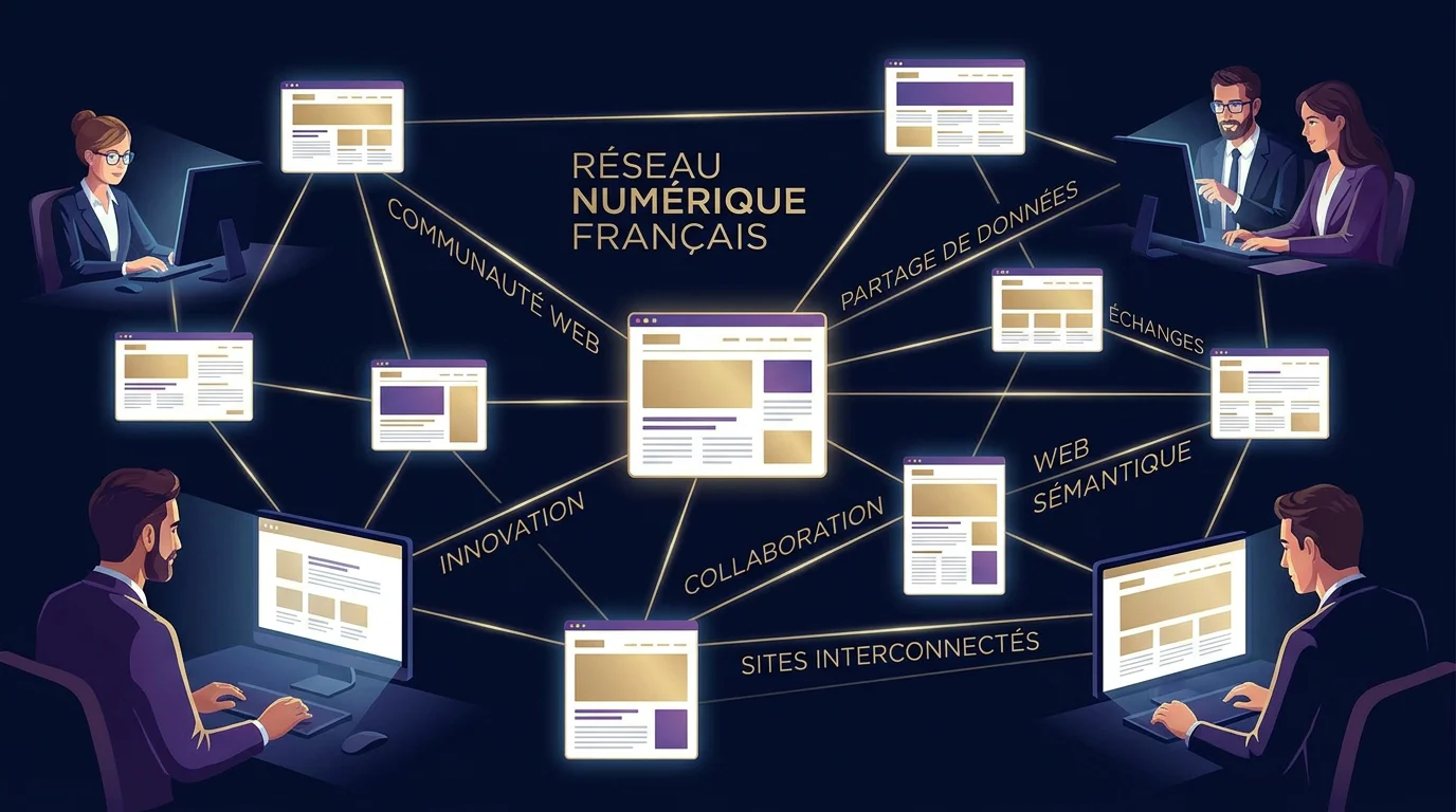 Schéma de réseau de liens entre sites web illustrant le principe du netlinking