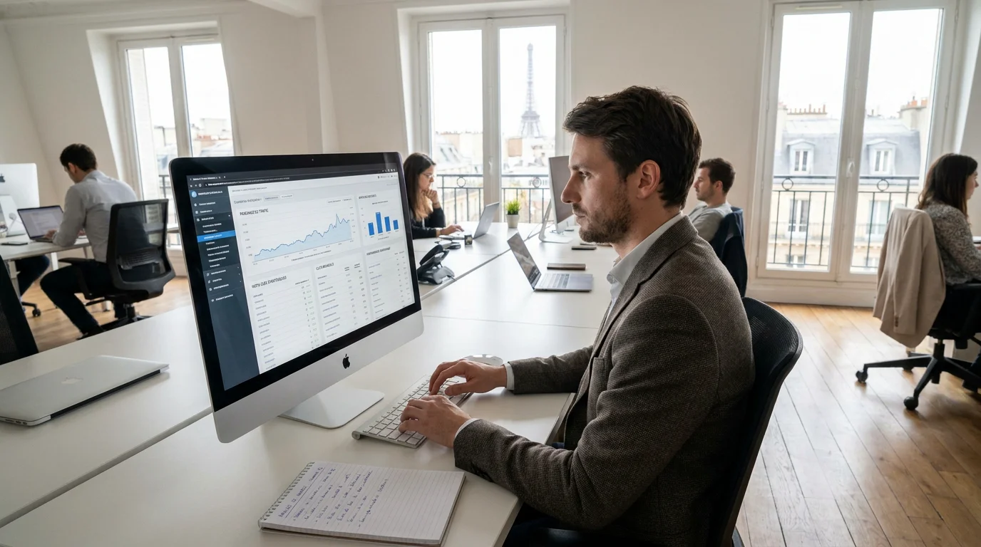 Entrepreneur français analysant les métriques SEO et backlinks sur son écran