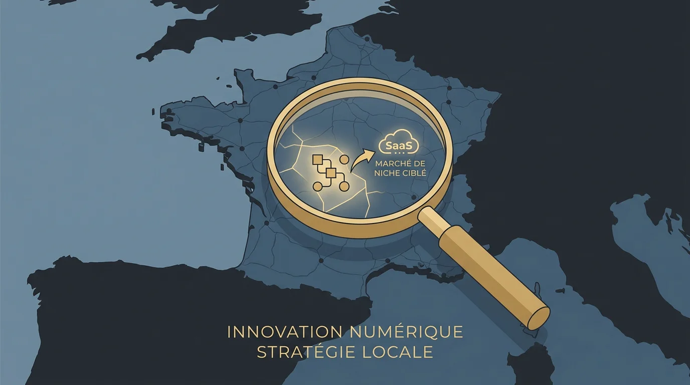 Illustration d'une loupe ciblant un segment de marché de niche SaaS en France