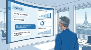 Fondateur analysant les alternatives à ChatGPT sur un écran dans un bureau moderne en France