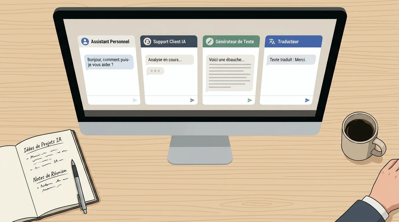 Bureau de fondateur comparant plusieurs interfaces d'IA conversationnelles en 2026
