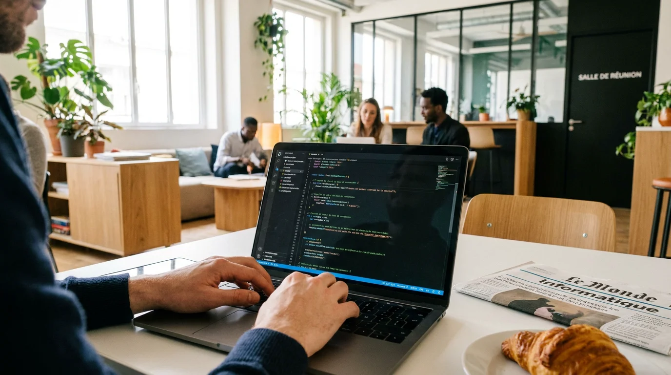 Développeur utilisant une IA pour coder dans un espace de coworking en France
