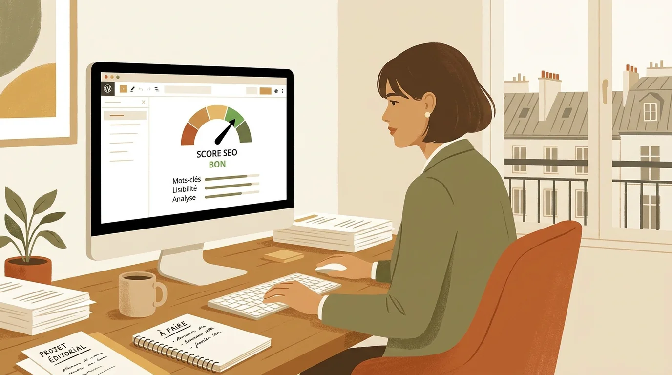 Professionnelle utilisant un outil de rédaction IA avec score SEO en temps réel